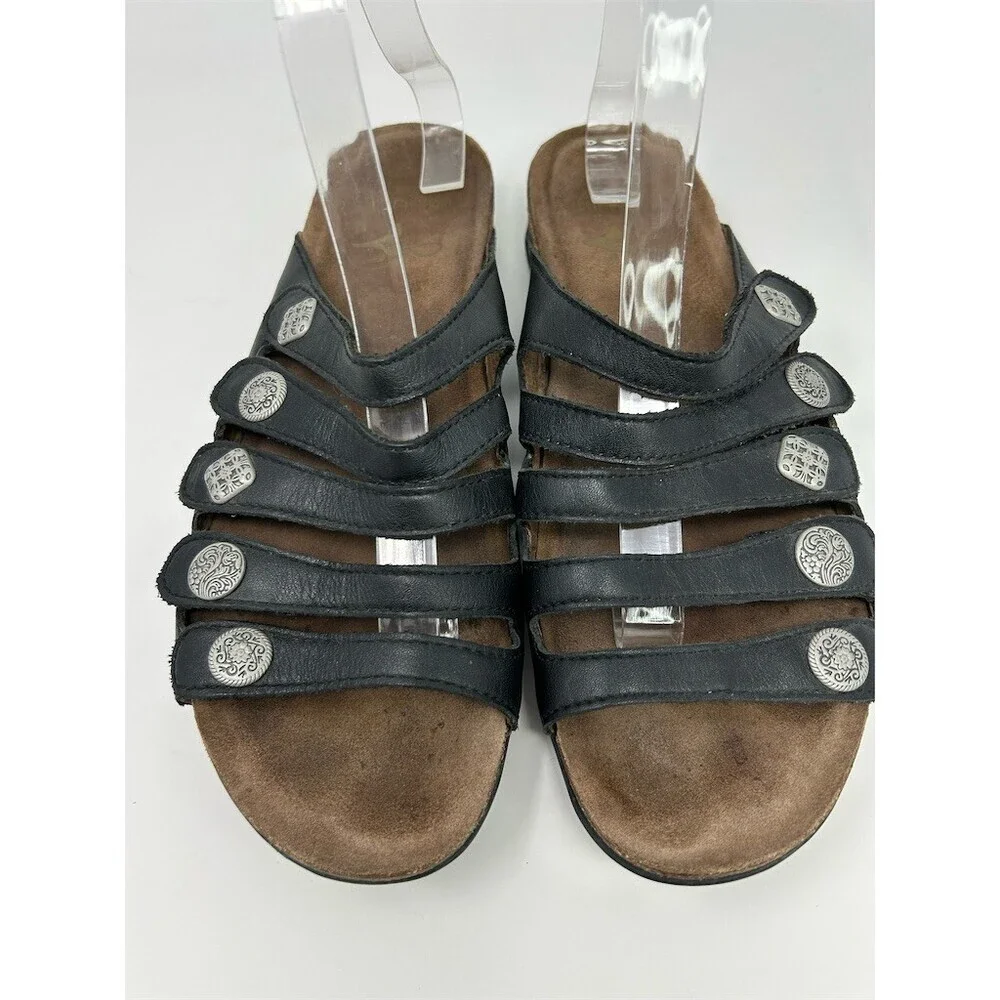 Dansko Black Leather Strappy Silver Medallions Slide Sandals Comfort Cork 41